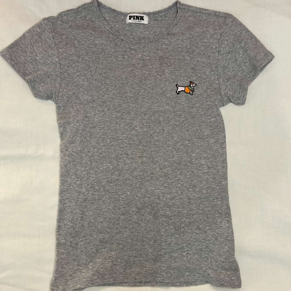 PINK Victoria's Secret Gray Tee with Small Dog Patch, Size XS